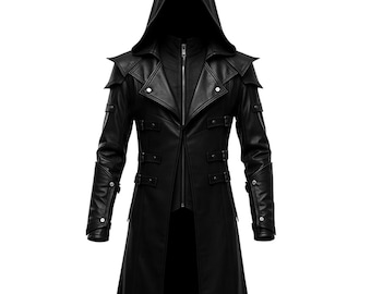 May include: A long, black hooded coat with a leather-like appearance. The coat features a double-breasted front, shoulder epaulets, and multiple decorative buckles. The hood is large and covers the upper back and head. The coat is designed to be worn over other clothing.