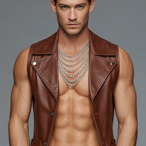 Men&#39;s Brown Biker Vest: Synthetic Leather Sleeveless Motorcycle Jacket