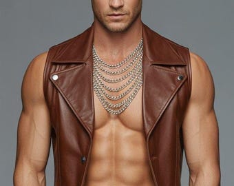 Men's Brown Biker Vest: Synthetic Leather Sleeveless Motorcycle Jacket