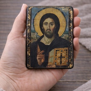 Ícone ortodoxo de Jesus Cristo Pantocrator em madeira – Presente cristão feito à mão – Detalhes em dourado – Pequeno
