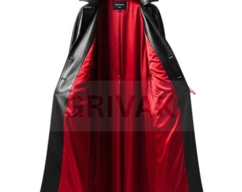 Schwarzer Leder Kapuzen Umhang: Gothic Cosplay Umhang mit rotem Futter