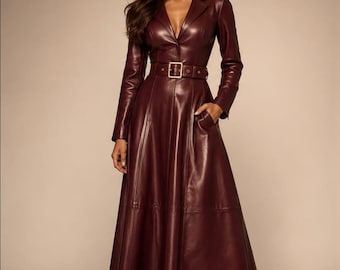 Burgundy Genuine Leather Coat Dress – Gothic Luxury Fashion