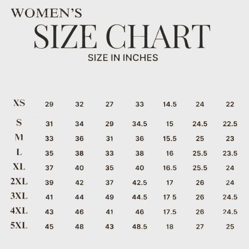 May include: A size chart for women's clothing, with measurements in inches. The chart includes sizes XS to 5XL, with corresponding measurements for various body dimensions. The text "WOMEN'S SIZE CHART SIZE IN INCHES" is at the top.