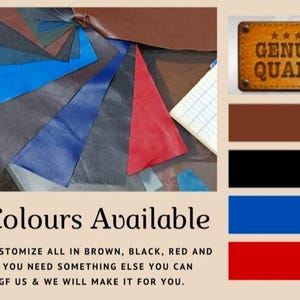 May include: A selection of leather swatches in various colours, including brown, blue, red, and grey. The image features the text "All Colours Available" and "Genuine Quality".