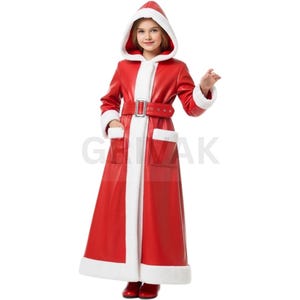 Red Faux Leather Santa Robe: Fur Trim Christmas Costume