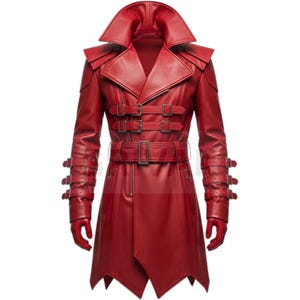 Red Leather Gothic Coat: Buckled High Collar Cosplay Trench