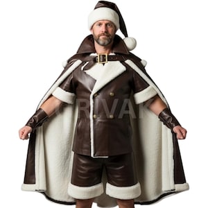 Leather Santa Costume: Fur Trimmed Jacket, Cape, Shorts & Hat