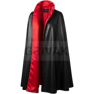 May include: A black cape with a red satin lining. The cape has a high collar and a flowing design. The word "GRIVAK" is printed on the front of the cape. This garment is suitable for cosplay or costume events.