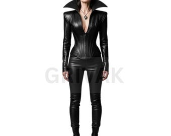 Black Leather Corset Set: Gothic Jacket & Pants - Cosplay Outfit