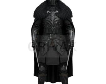 Men's Black Leather Armor Set: Medieval Cape, Fur Collar