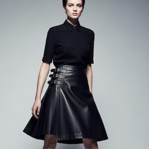 Genuine Leather Kilt Skirt, Black Pleated Gothic Buckle Detail Streetwear Mini Skirt