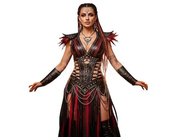 Tribal Leather Warrior Queen Costume - Handcrafted Fantasy Festival Outfit