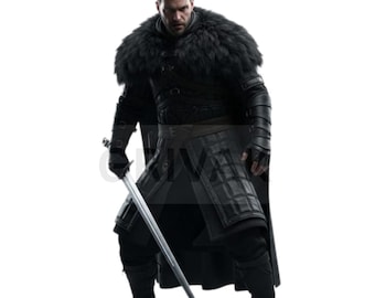 Conjunto de armadura medieval de cuero negro para hombre: Capa con cuello de piel