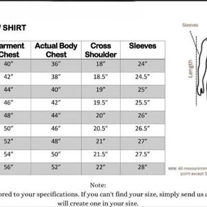 May include: A size chart for jackets, coats, and shirts, with measurements in inches. The chart includes sizes from X-Small to 5X-Large, detailing garment chest, actual body chest, cross shoulder, and sleeve lengths. A diagram illustrates measurement points.