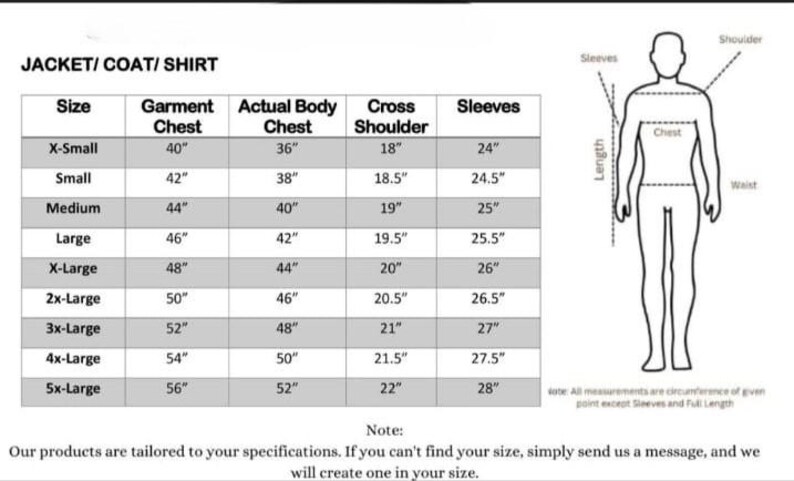 May include: A size chart for jackets, coats, and shirts, with measurements in inches. The chart includes sizes from X-Small to 5X-Large, detailing garment chest, actual body chest, cross shoulder, and sleeve lengths. A diagram illustrates measurement points.