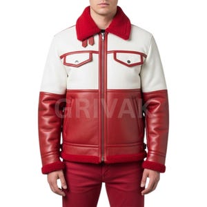Men&#39;s white and red  Leather Jacket with Fur Collar - Statement Jacket – Red & White Zip-Up Style