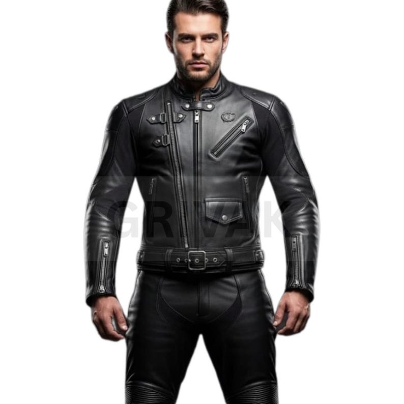 May include: A black leather motorcycle jacket with a stand-up collar, zip pockets, and a belt at the waist. The jacket has a streamlined design with padded shoulders and elbows. The matching black leather trousers complete the outfit.