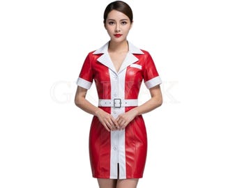 Genuine Leather Gothic Nurse Dress, Red White Cosplay Halloween Costume