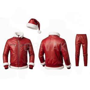 Genuine Red Leather Santa Suit: Fur Trim Jacket, Pants & Hat