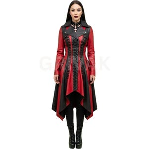 Gothic Leather Coat Dress: Red & Black Corset Lacing, Asymmetrical Hem