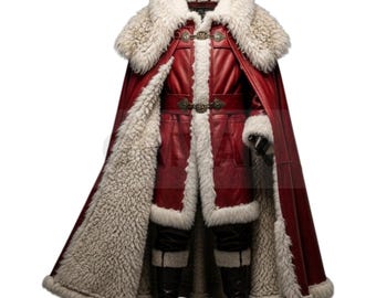 Genuine Leather Santa Costume Crimson Coat Fur Trim, Handmade Professional Christmas Suit Custom Fit, Cosplay Set