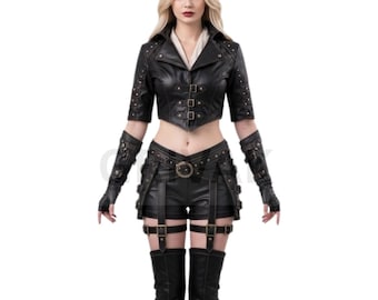 May include: Black leather crop jacket with studded accents, paired with matching shorts featuring suspender straps and a belt. The outfit includes fingerless gloves and knee-high boots, creating a cohesive, edgy ensemble. The jacket has a notched collar and three buckle closures.