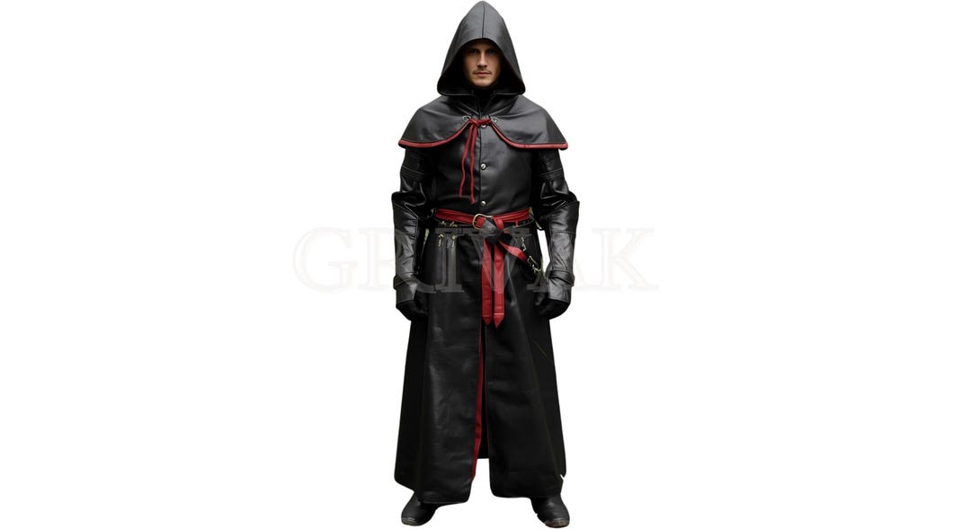 Leather Robe Side Black Leather Hooded Robe – Red Trim Fantasy Cosplay Outfit - Etsy