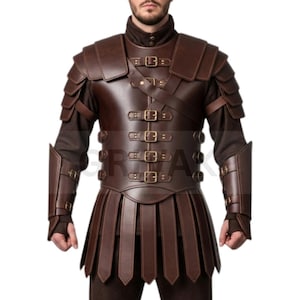 Men&#39;s Brown Leather Armor Coat: Buckled Gothic Trench, Cosplay