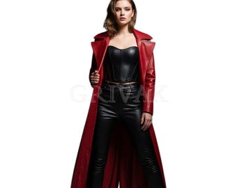 May include: A woman in a long, red leather coat, black corset, and black leather trousers. The coat features a wide collar and a fitted design. The ensemble is set against a white backdrop, providing a strong visual contrast.