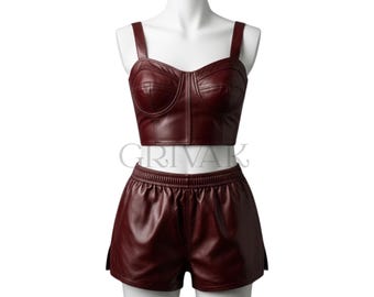 Leather top and shorts - Real Leather Party Set - Two-Piece Outfit