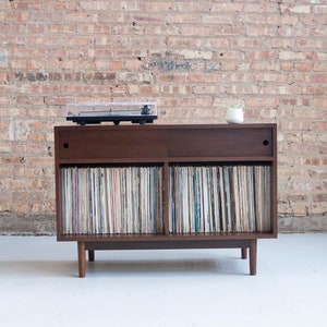 Mid-Century Modern Media Cabinet with Vinyl Record Storage & Isolation  Turntable Platform. — TACTILE