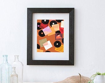 Records on the Floor - Mid Century Modern Retro Style Art Print - Vinyl Collectors - Music Lovers