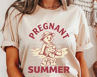 Pregnant Girl Summer T-Shirt, Retro Bear Maternity Tee, Cute Baby Shower Pregnancy Reveal