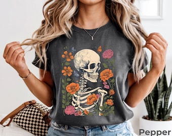 Floral Skull Comfort Colors Shirt: Boho Skeleton Graphic Tee