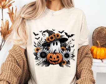 Halloween Ghost With Flowers T-Shirt: Comfort Colors, 100% Cotton, Retro Pumpkin Autumn, Unisex S-3XL