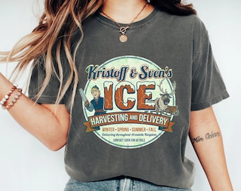 Kristoff and Sven Ice Harvesting T-Shirt, Frozen Movie Retro Graphic Tee, Arendelle Kingdom