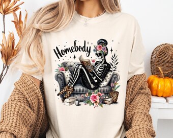 Comfort Colors Skeleton Reading Shirt: Cozy Homebody Halloween Tee