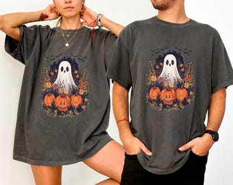 Halloween Ghost With Flowers T-Shirt: Comfort Colors, Retro Pumpkin Autumn