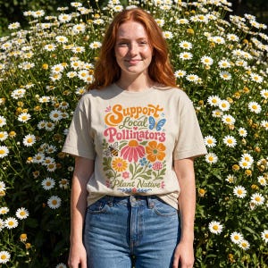 May include: A beige short-sleeve t-shirt featuring a colorful graphic print with the text Support Local Pollinators and Plant Native. The design includes illustrations of a blue butterfly, a bee, and various flowers in pink, orange, and yellow.