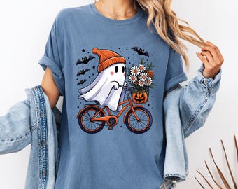 Comfort Colors Cyclist Halloween T-Shirt: 100% Cotton, Ghost on Bike, Unisex S-3XL