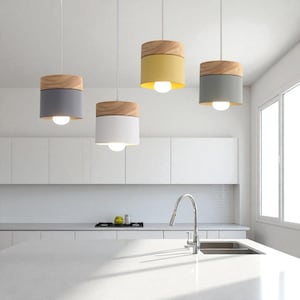 Modern Nordic Pendant Light with Wood Accent, Minimalist Hanging Lamp, Exposed Bulb Ceiling Light, Scandinavian Kitchen Island Lighting