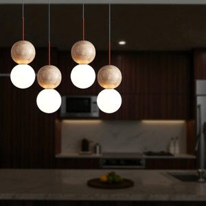 Modern Stone Pendant Light – Minimalist Double Sphere Ceiling Lamp | Japandi Kitchen Island Lighting, Dining Room & Living Room Decor