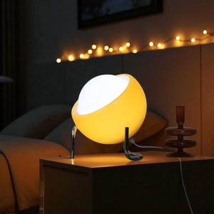 Mid Century Modern LED Table Lamp | Space Age Globe Light | Frosted Glass Orange Yellow | 60s 70s Retro Metal Base Accent Lighting