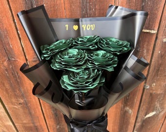 Personalized Satin Ribbon Rose Bouquet | 6 Forever Roses, Custom Color Bouquet, Handmade Eternal Flowers