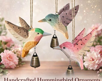 Hand Carved Wooden Hummingbird Wind Chime, Rustic Bird Pendant, Soft Bell Sound Home Decor