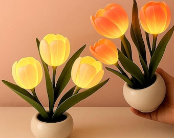 Puede incluir: Dos lámparas de tulipanes en maceta con pétalos brillantes. Una lámpara tiene tres tulipanes amarillos en una pequeña maceta de cerámica blanca. La segunda lámpara tiene dos tulipanes naranjas en una maceta blanca a juego. Tallos y hojas verdes.