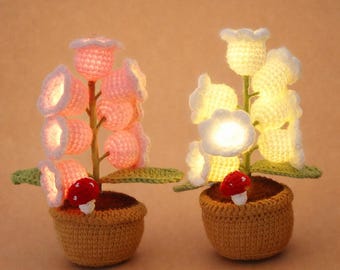 Handmade Knitted Bell Orchid Crochet Flower in Pot | Potted Flower Light | Desk Decoration Nightstand Lamp | Unique Forever Gift Home Decor