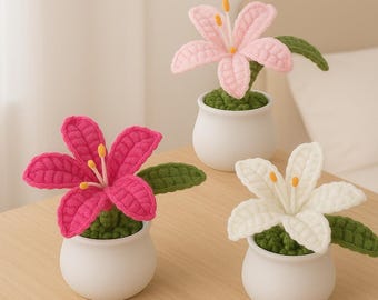 Handmade Crochet Lily Flower Pot | Knitted Potted Flower | Woven Floral Decor | Mother’s Day Gift