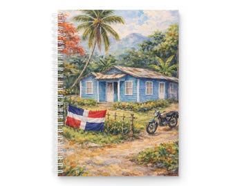 Cuaderno espiral con diseño de casa de playa con bandera dominicana / Cuaderno costero tropical
