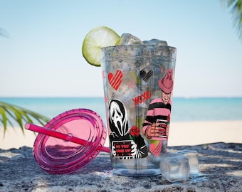 Vaso de plástico de 16 oz con temática de terror de San Valentín / Vaso de plástico con temática de terror / Regalo de San Valentín con villanos de terror / Vaso espeluznante y adorable